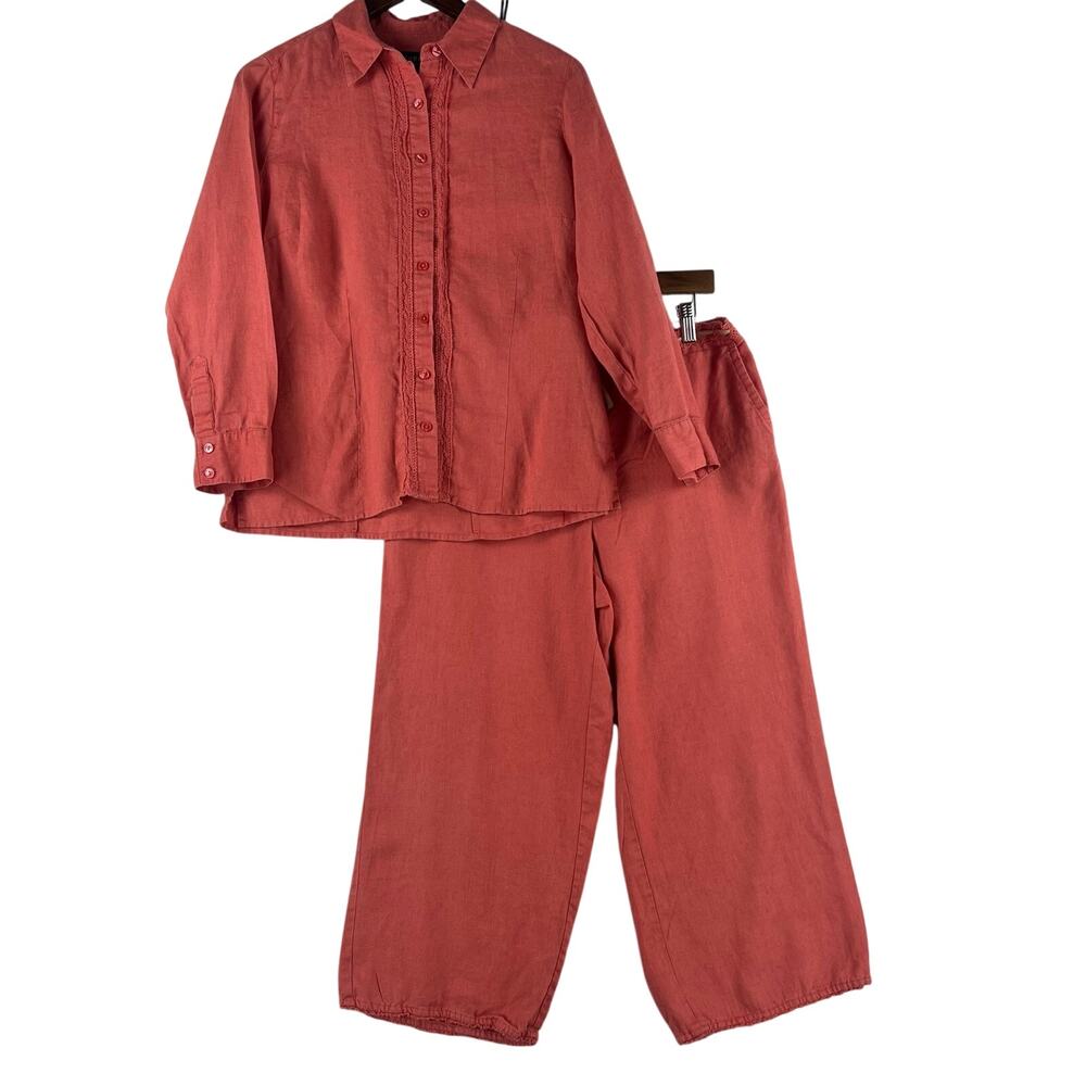 Studio by Liz Claiborne Womens Linen 2-Piece Shirt/Pant Set Petite M/10 Coral